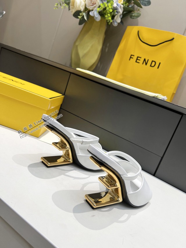 Fendi高跟涼拖鞋 芬迪First鞋 金色金屬斜對角F形立體鞋跟 dx3448